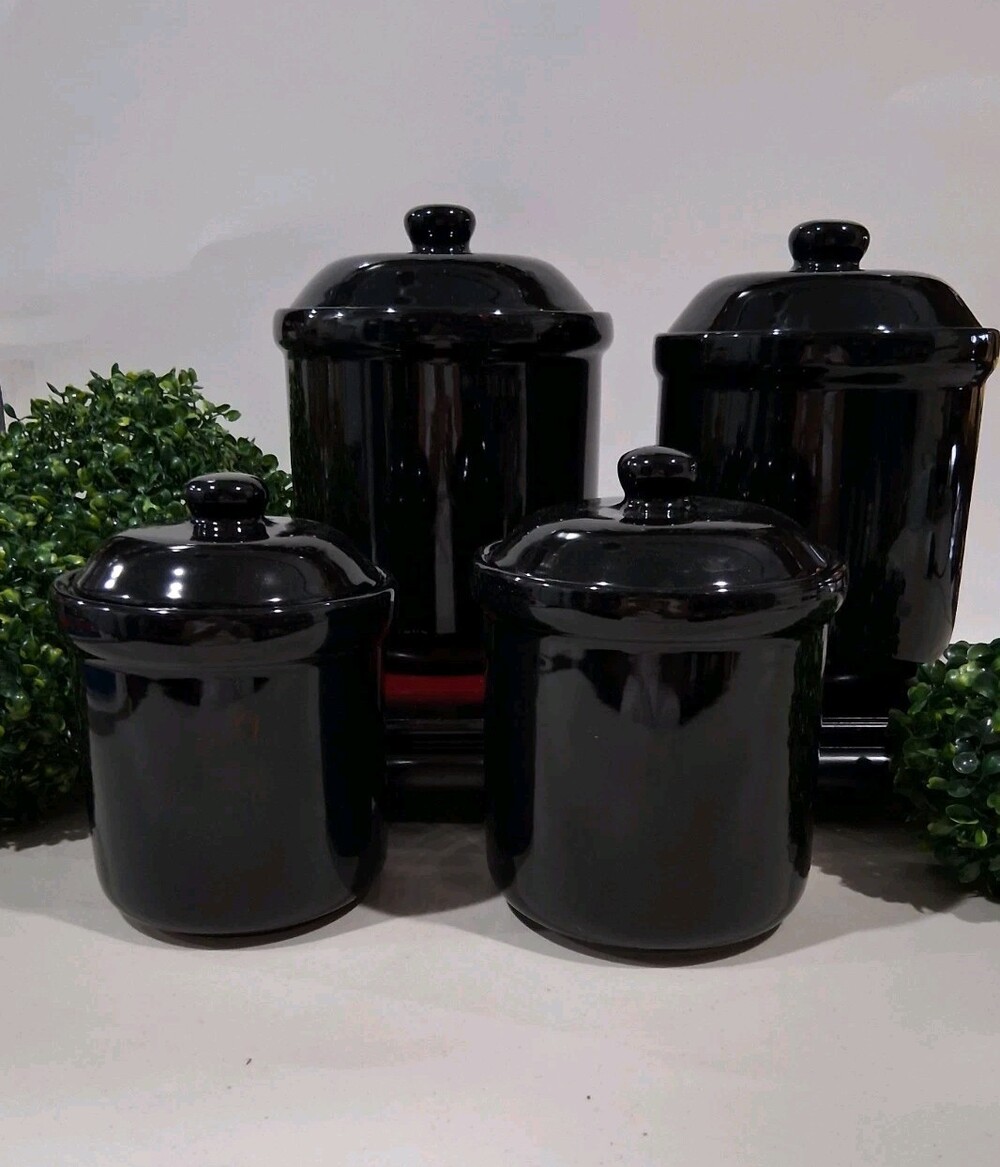 Black Ceramic Kitchen Canister Set;Glossy Finish; Set of 4; All w/Airtight Seals